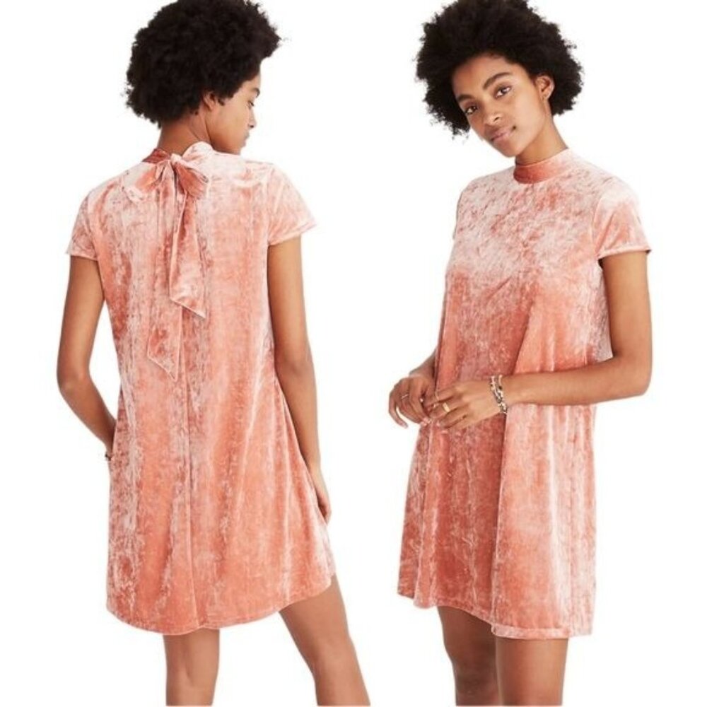 MADEWELL Crushed Velvet Mockneck Mini Dress in Peach Size S‎